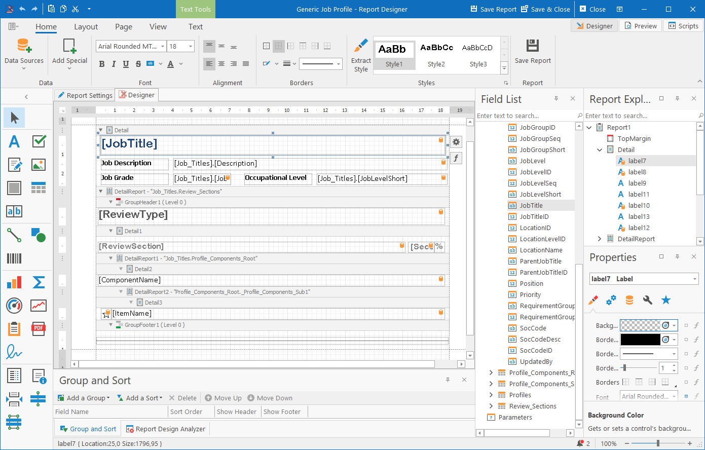 The HR Manage report designer laying out a generic job profile